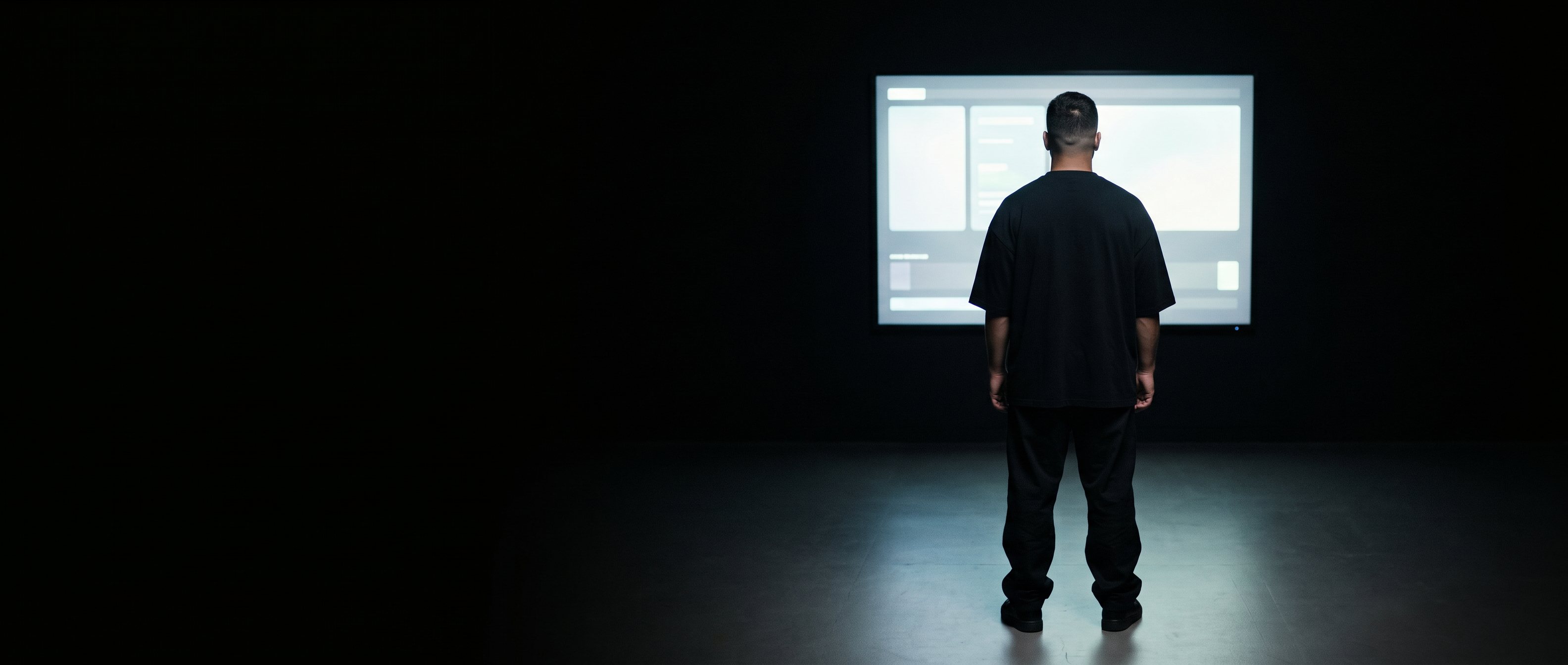 A man reading figures on a screen in a dark office, back to camera.