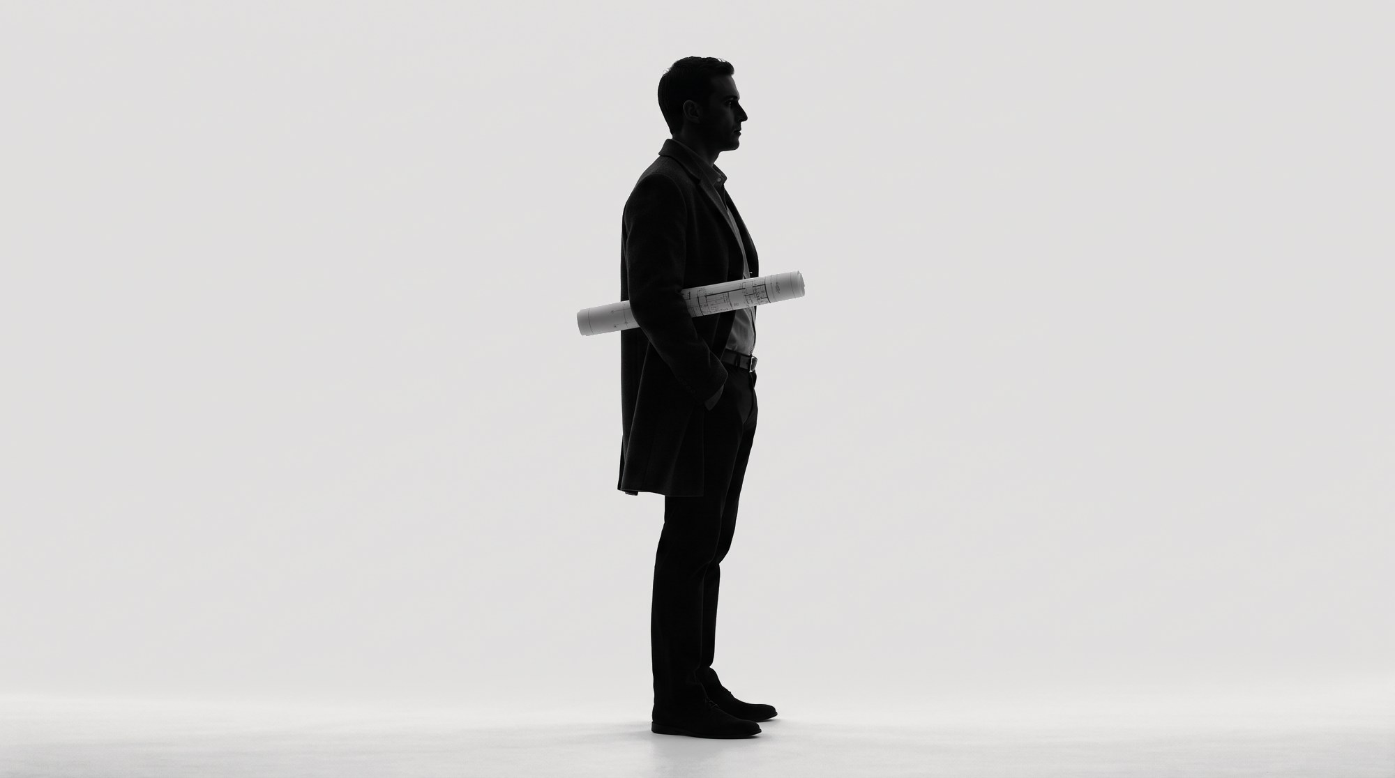 Silhouette of a property developer holding a rolled set of plans.