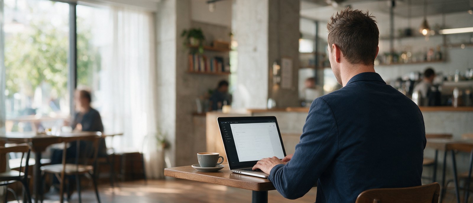 A man working on a laptop in a cafe.