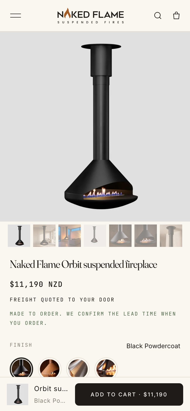 Orbit suspended fireplace product page on a phone