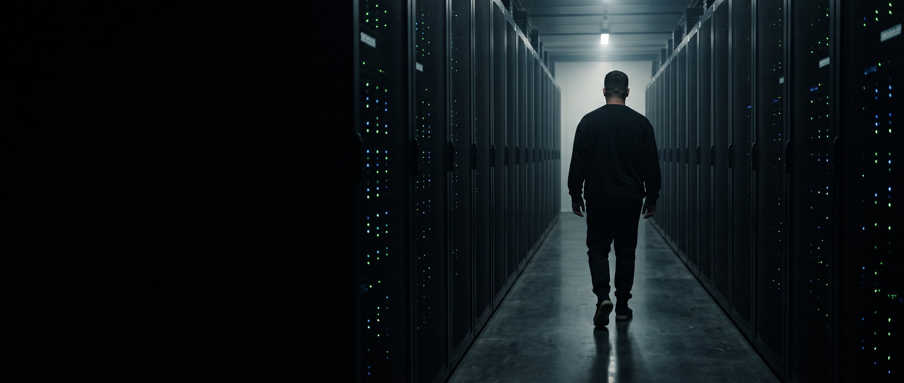 A man walking away down a dark corridor between equipment racks.