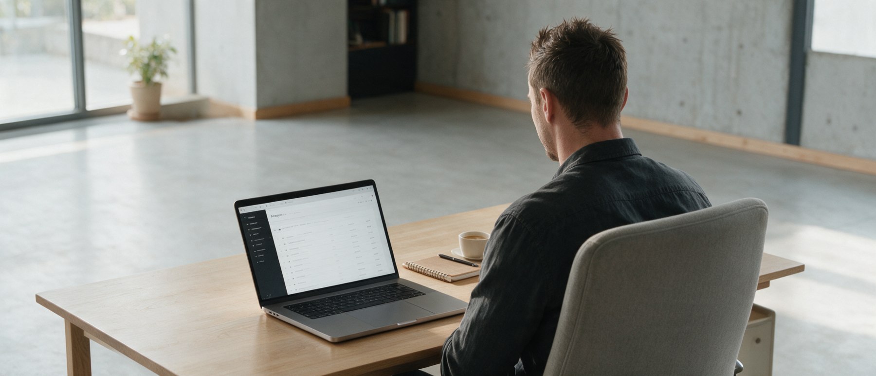 A man at a desk in morning light reading a list of enquiries on a laptop.