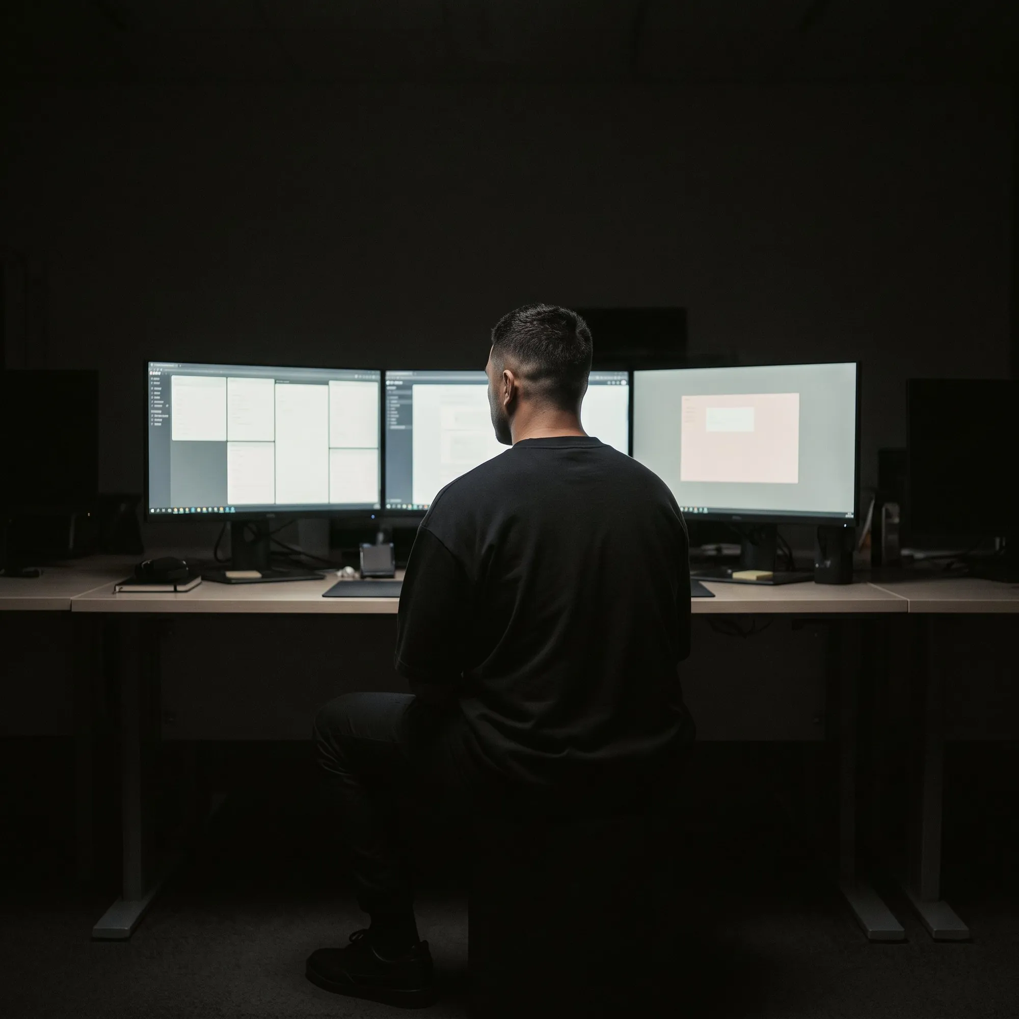 A man seated at a desk in an unlit office at night, monitors lit, back to camera.
