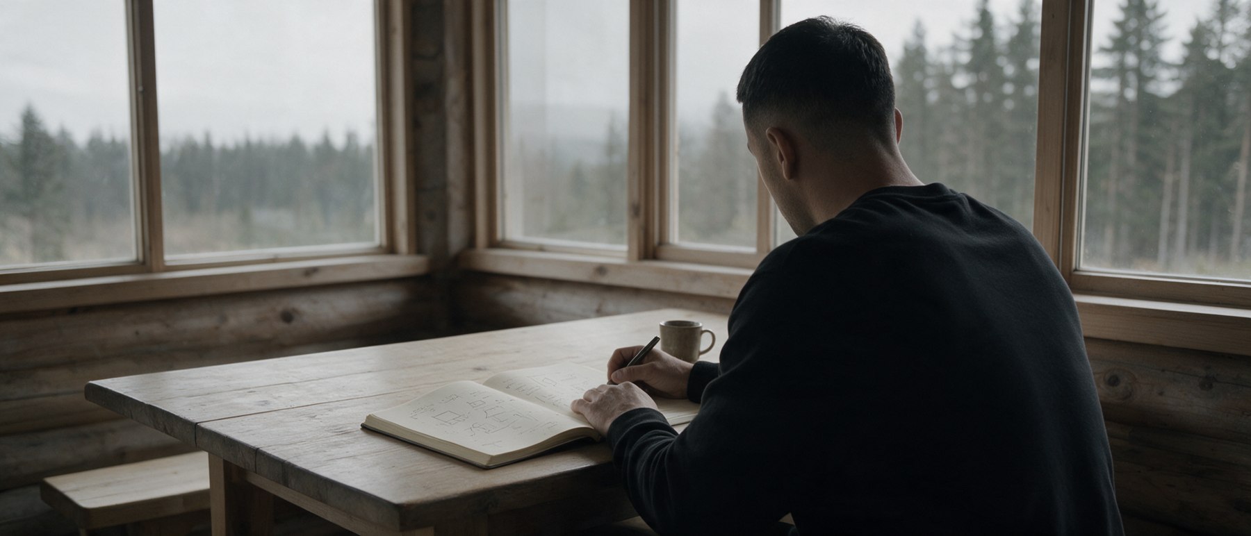 A man at a wooden table writing a system down in a notebook, forest through the windows.