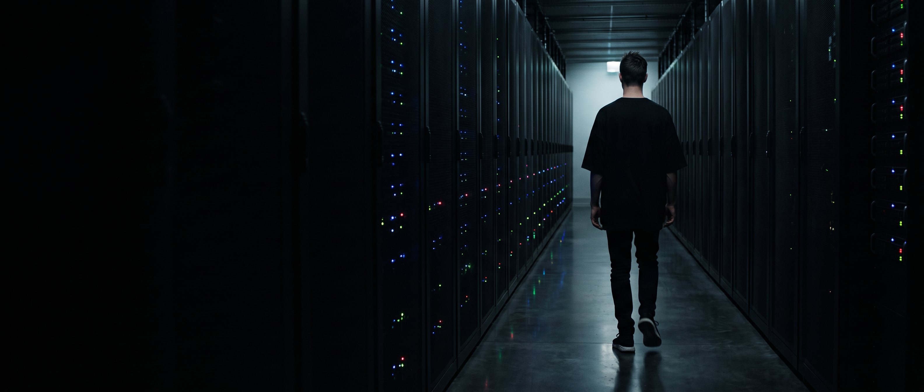 A man studying a wall of data on a dark screen, back to camera.