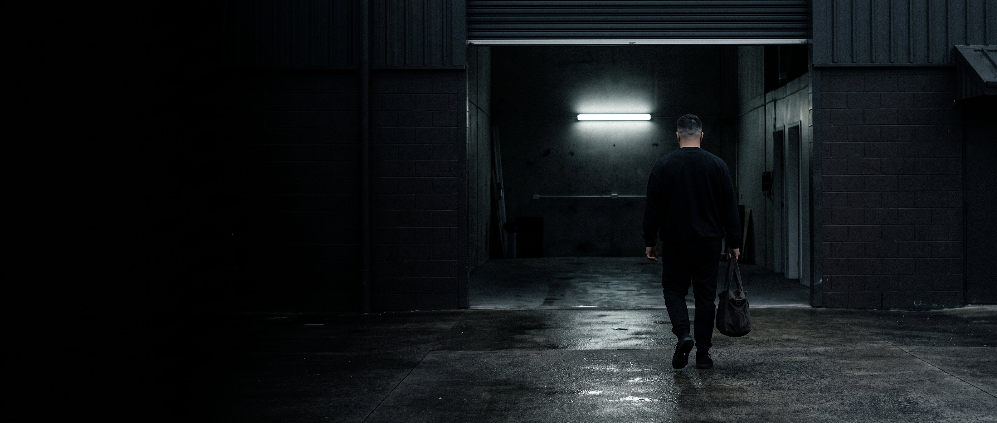 A man leaving a workshop at night, lights still on behind him, back to camera.