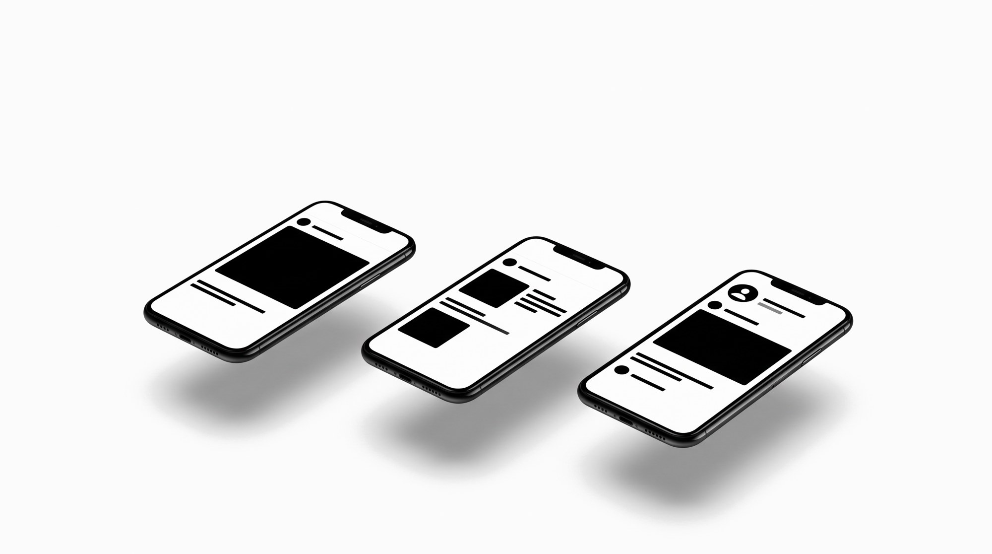 Three phones laid out in a row, each showing a different social ad layout.