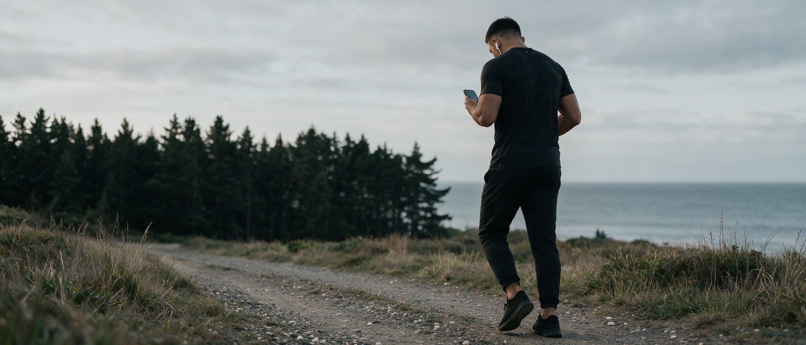 A man running on a coastal track at dawn, looking at his phone.