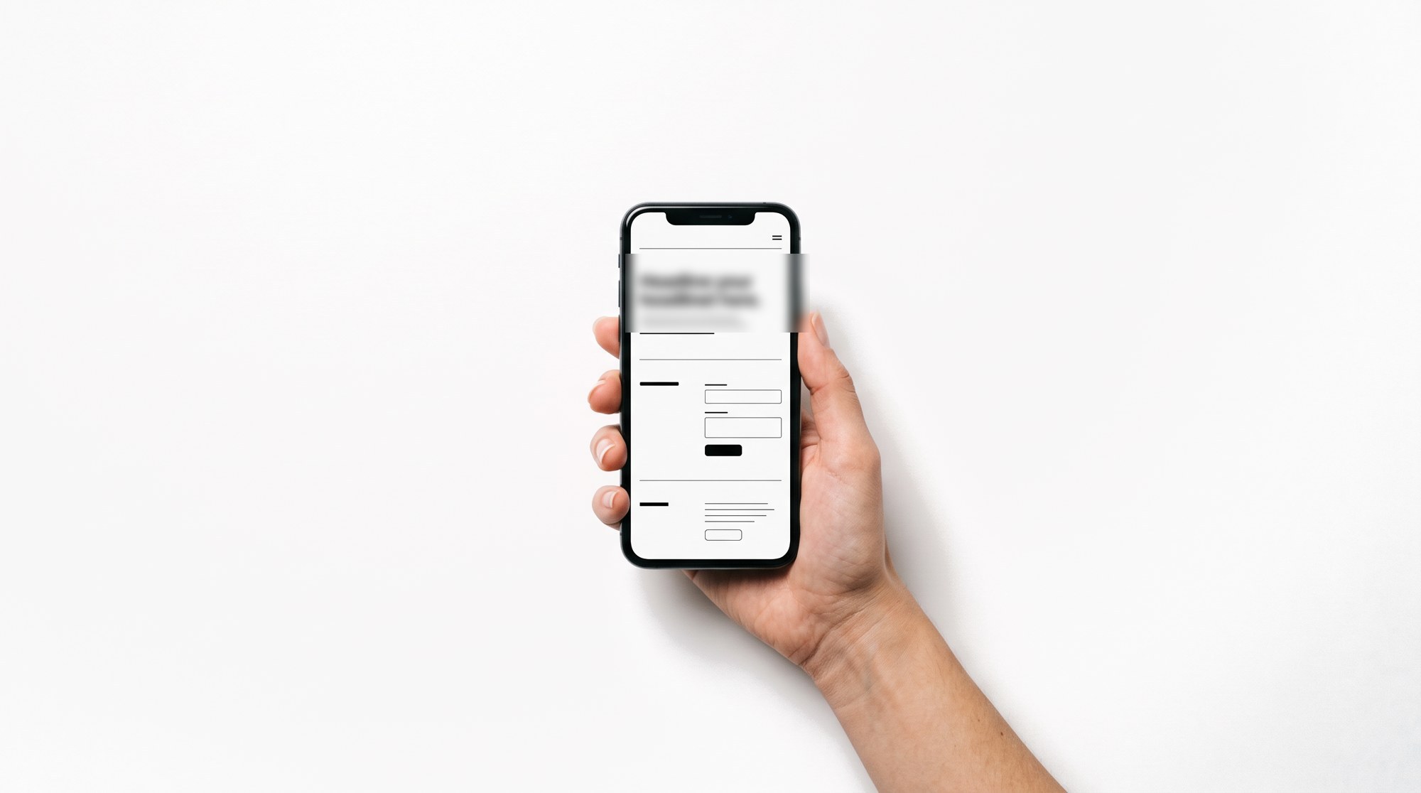 A hand holding a phone showing a website loading on a plain background.