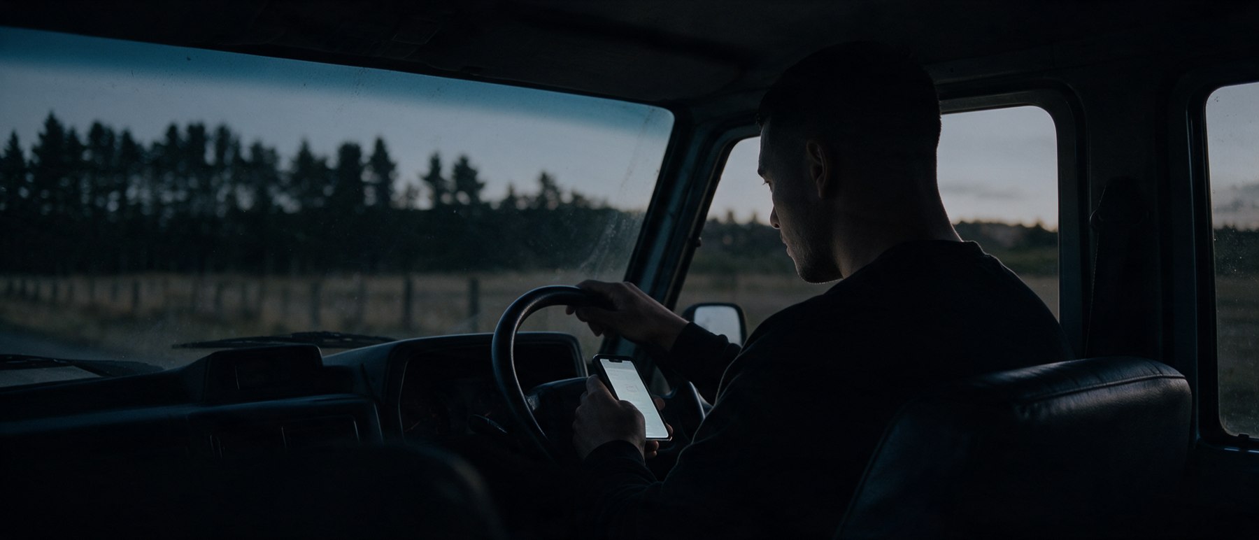 A man in the cab of a ute at dawn, reading his phone at the wheel.