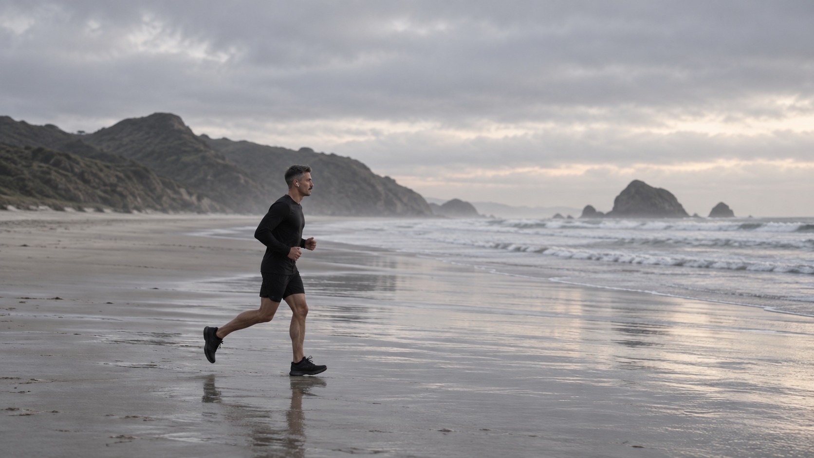 A man running along the tideline at dawn.