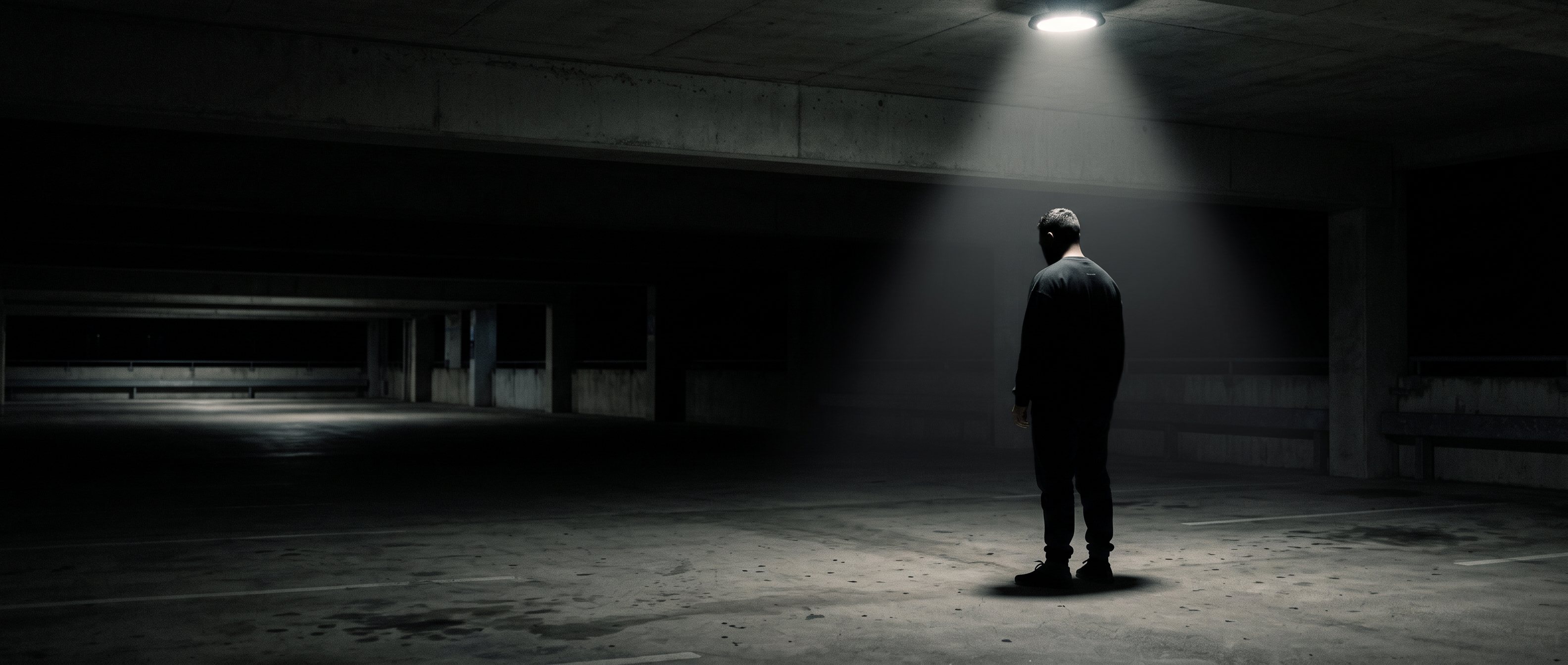 A man watching a screen of running processes at night, back to camera.