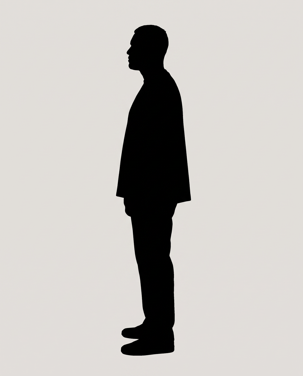 Dark silhouette of a man standing in profile, chin slightly raised, on flat grey.