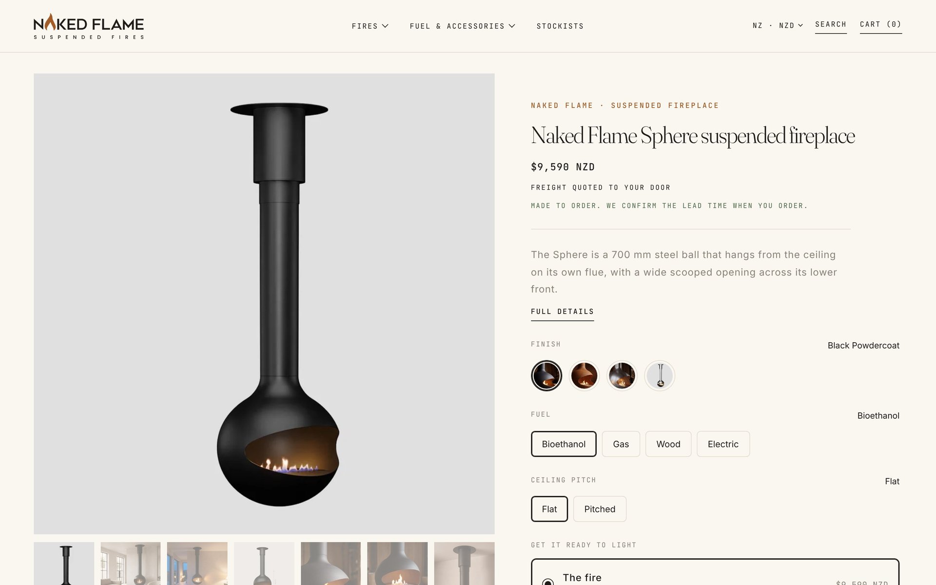 Sphere suspended fireplace product page