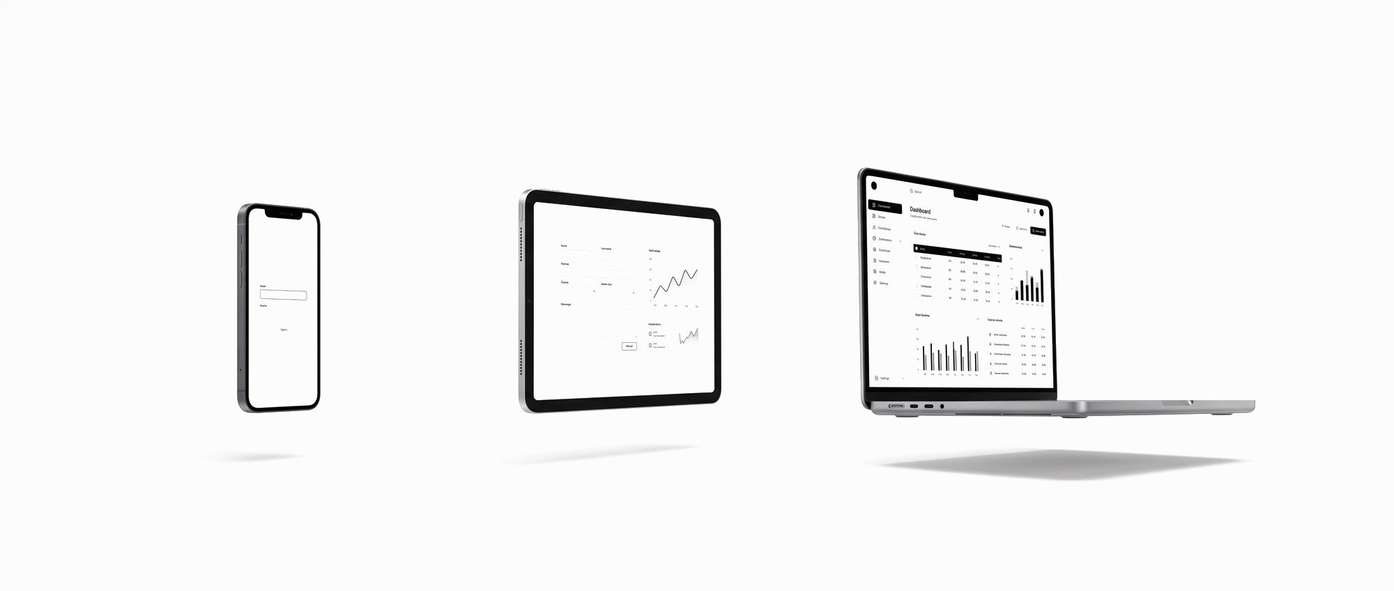 Three devices in a row, each larger than the last, each screen showing a more complete version of the same system.