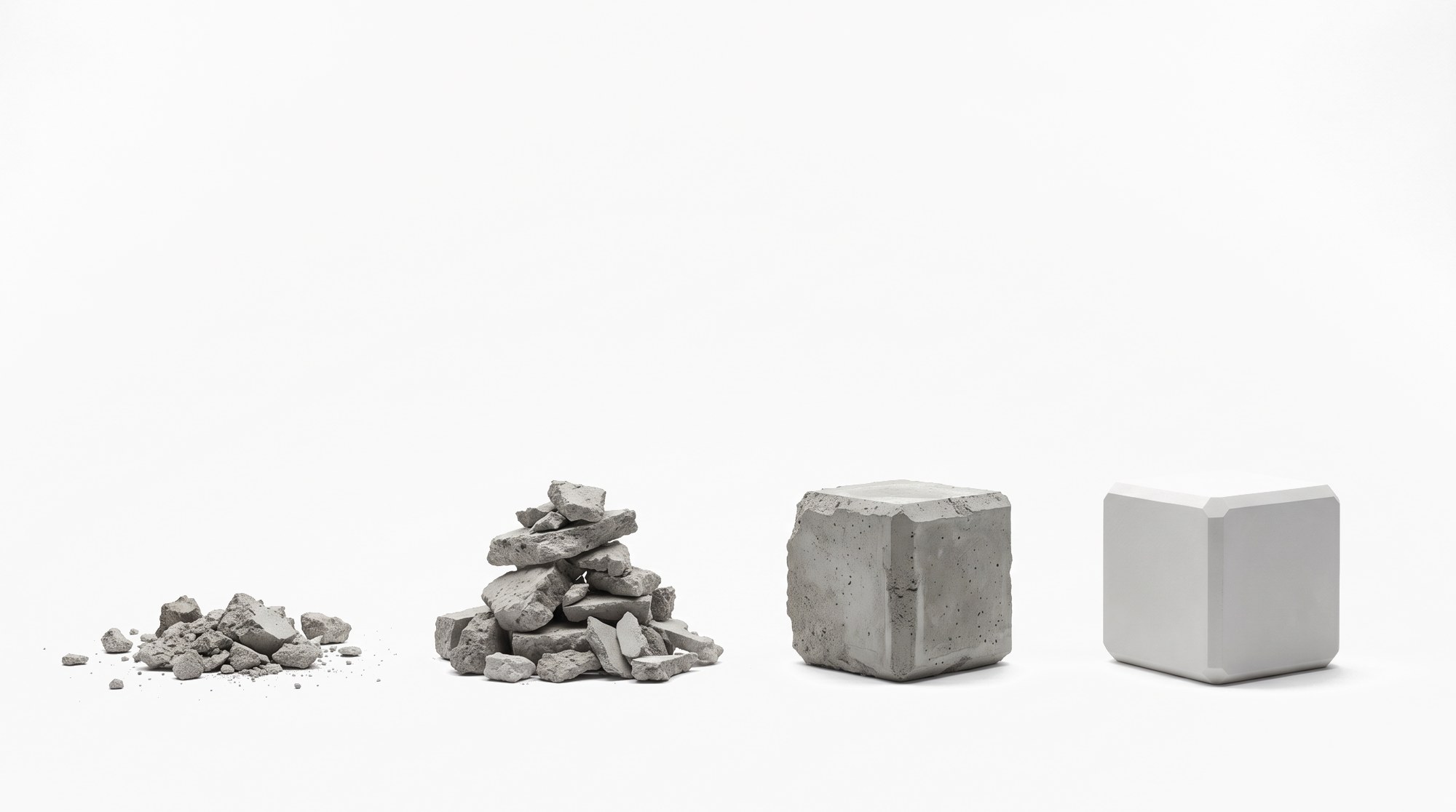 Four objects in a row, from loose rubble through a rough block to a finished chamfered cube.