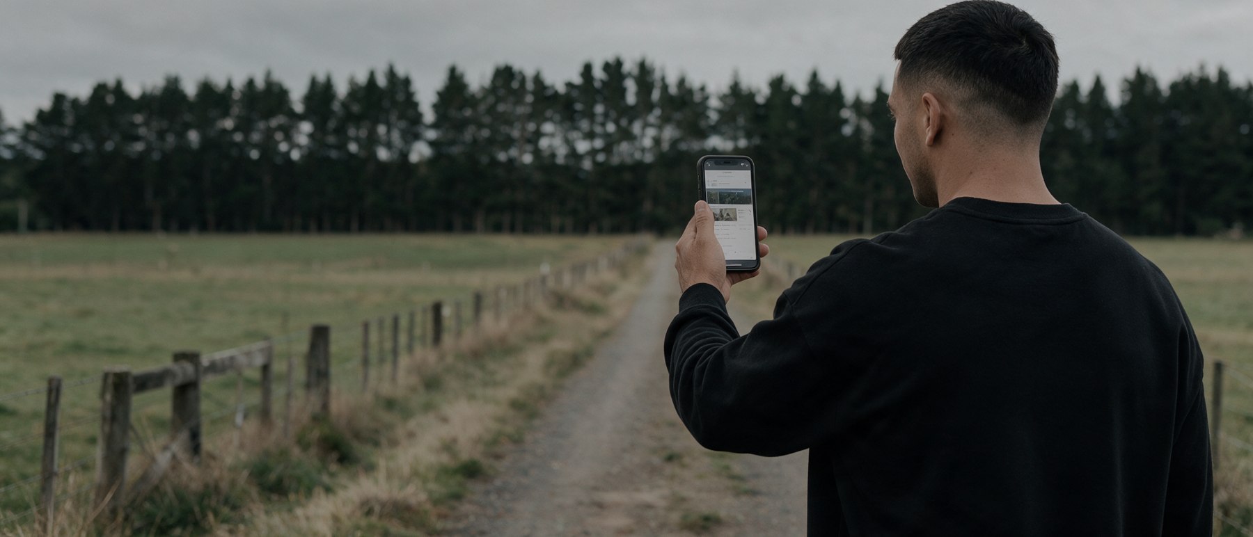 A man on a rural roadside holding up his phone to check a website.