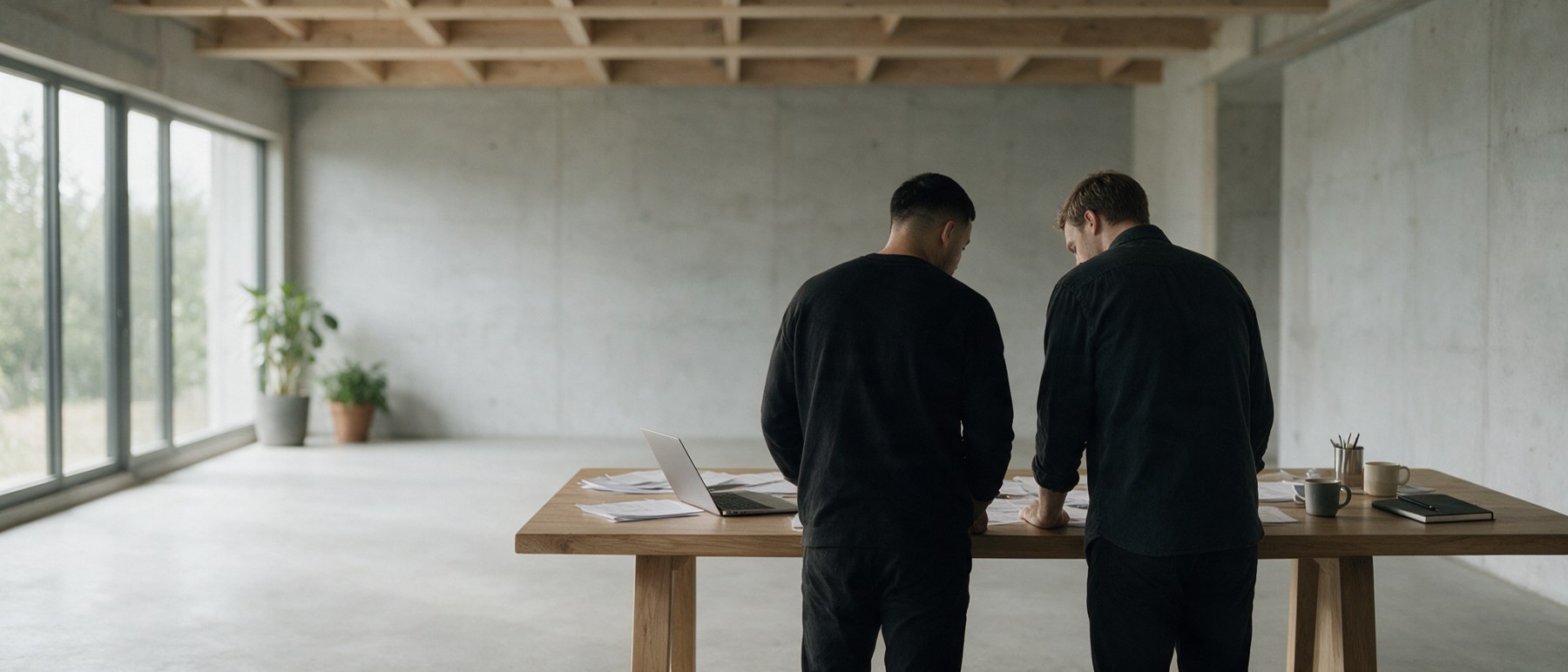 Two founders standing at a long table, going through papers together.