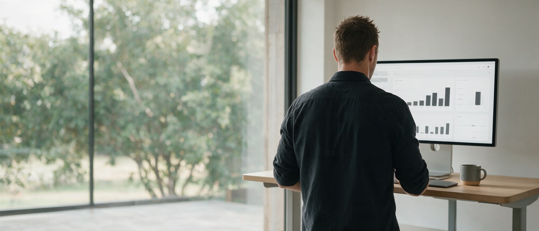 A man at a standing desk reading a dashboard of charts, garden through the window.