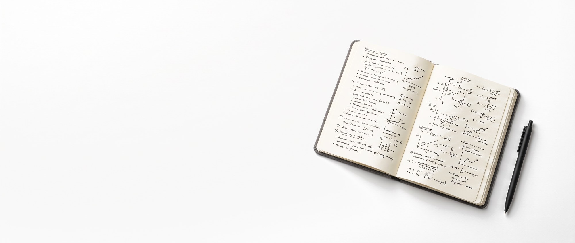 An open notebook of handwritten working notes beside a pen.