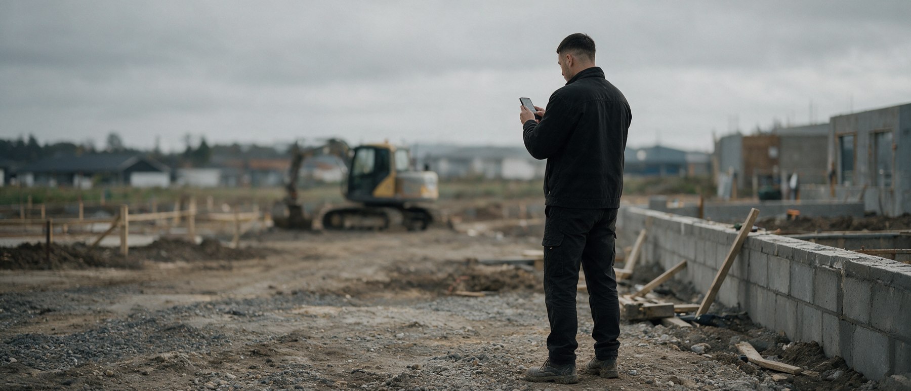 A builder standing on a site with a phone in his hand, digger behind him.