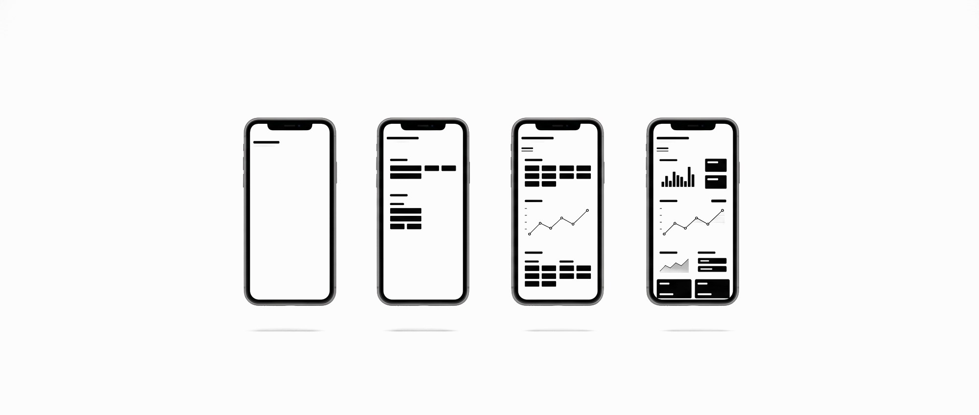 Four phones in a row, each screen showing the same system at a later stage of being built.