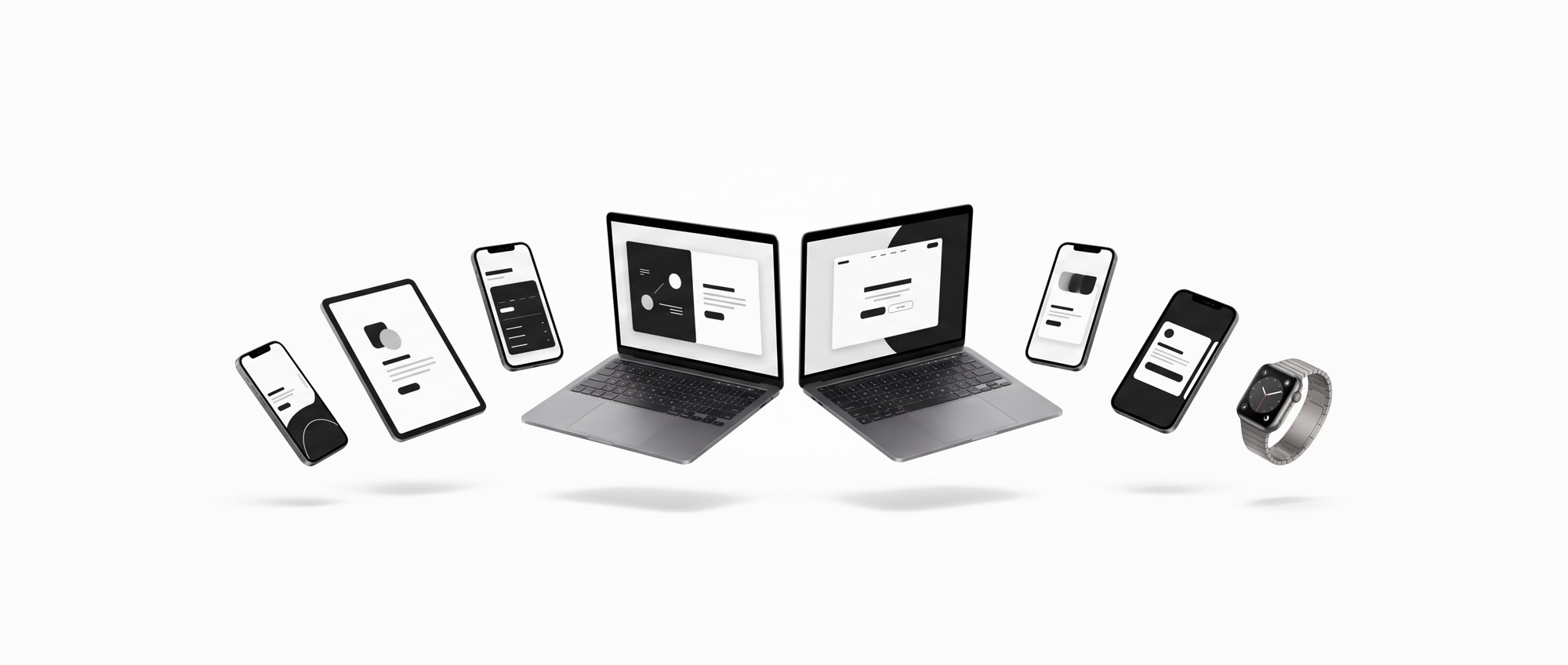 Laptops, phones and a watch arranged in an arc, each showing a page of the same system.