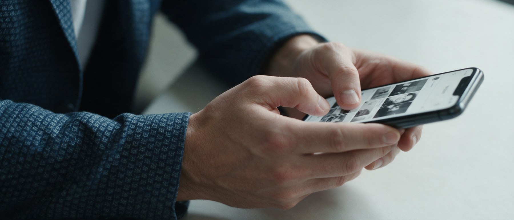Close view of two hands scrolling a social feed on a phone.