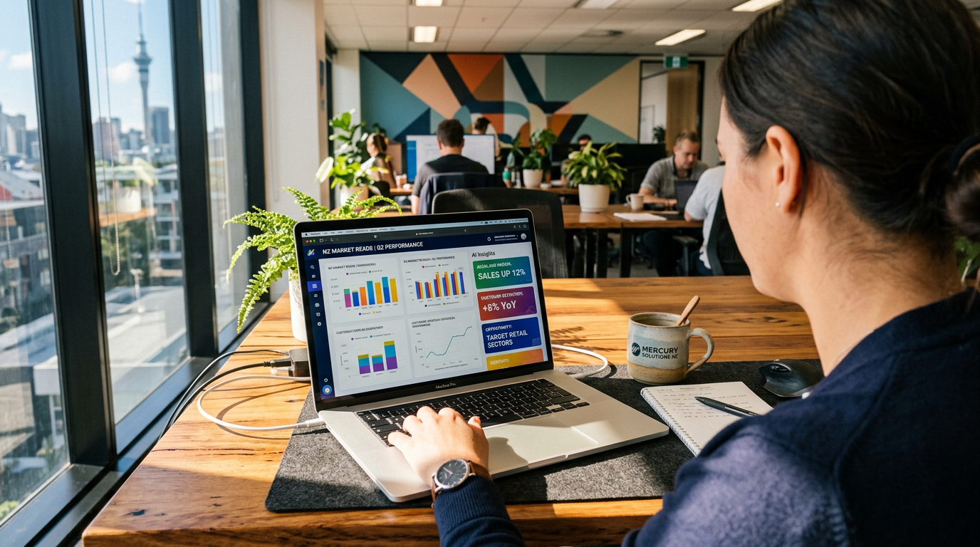 Laptop showing colourful business analytics dashboard with AI insights — AI business profitability NZ