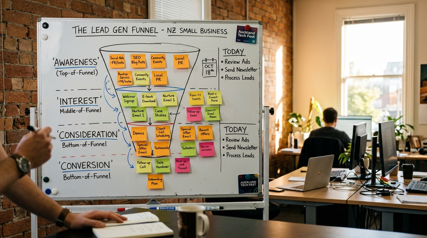 Whiteboard with marketing funnel diagram and sticky notes for lead generation — stop relying on referrals NZ